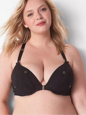 NEW Lane Bryant Cacique Front-Close Boost Plunge Bra Strappy Lace Size 42C Black